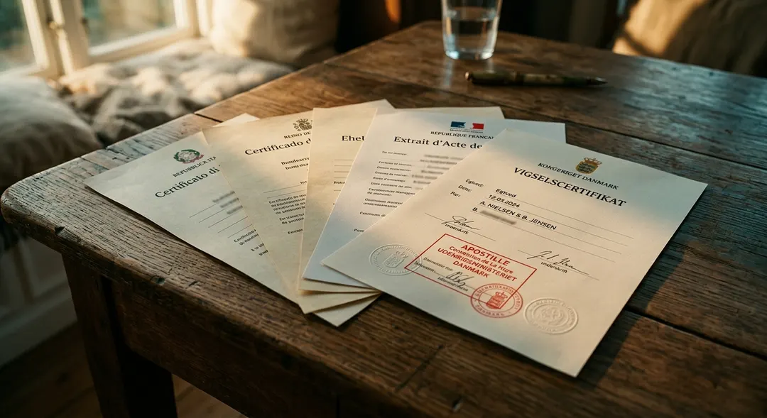 A Danish marriage certificate with an apostille stamp and a circle of EU stars