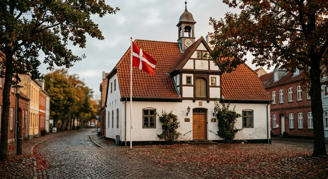 Außenansicht des Aabenraa-Rathauses — kleines dänisches Verwaltungsgebäude mit weißen Wänden und rotem Ziegeldach in einer Kopfsteinpflasterstraße