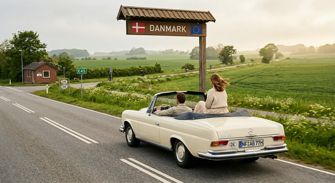 Ein Paar fährt mit einem Oldtimer-Cabrio über den deutsch-dänischen Grenzübergang bei Kruså-Padborg, im Hintergrund die dänische Flagge