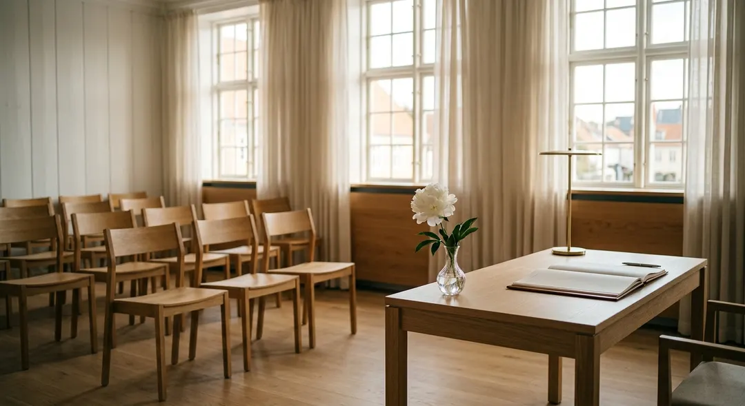 Innenraum des Trausaals im Aabenraa-Rathaus — helles skandinavisches Interieur mit weißen Wänden, moderner nordischer Möblierung und einem kleinen Standesbeamtentisch
