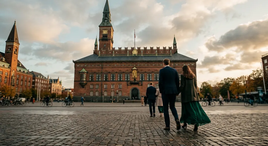 Внешний вид Ратуши Копенгагена (Københavns Rådhus) — национально-романтическая краснокирпичная архитектура с часовой башней в золотой час