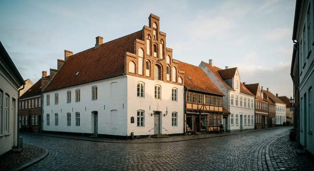 Außenansicht des Tønder-Rathauses — historische friesisch-dänische Fassade aus dem 16. Jahrhundert mit Terrakotta-Dachziegeln und kunstvollen Giebeln auf einer Kopfsteinpflasterstraße