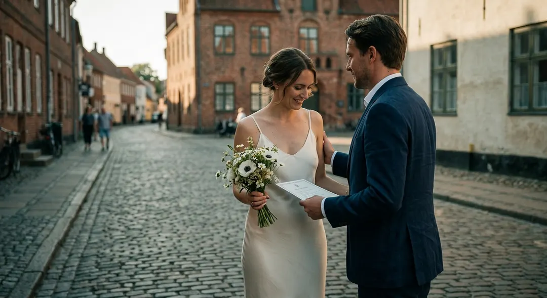 Ein Paar in eleganter Hochzeitskleidung steht auf der Kopfsteinpflasterstraße vor dem alten Tønder-Rathaus und hält seine Heiratsurkunde, honigfarbenes Nachmittagslicht
