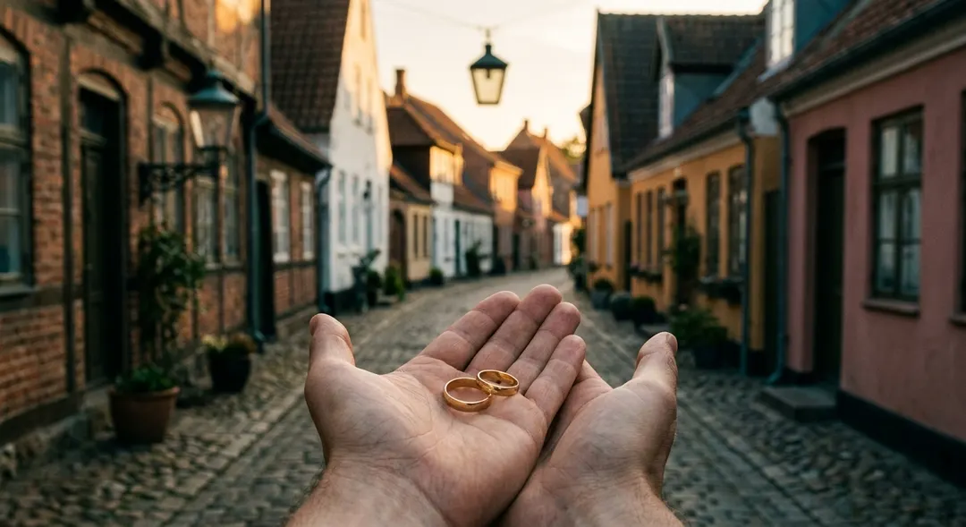 Historische Straße der Tønder-Altstadt zur goldenen Stunde — Kopfsteinpflastergasse gesäumt von Giebelhäusern aus dem 17. Jahrhundert, im Vordergrund Hände halten zwei goldene Eheringe