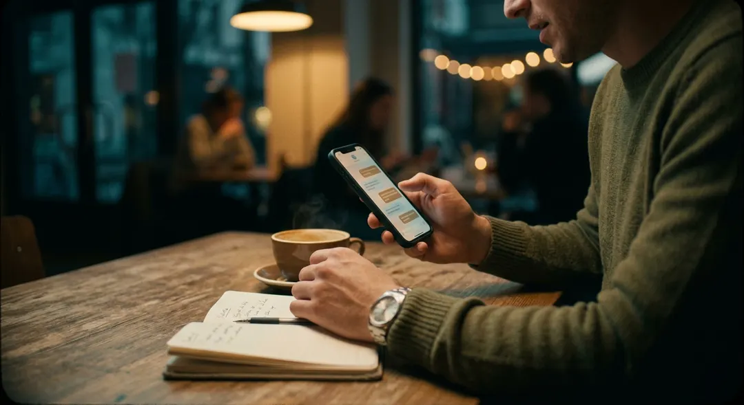 Eine Person an einem sanft beleuchteten Café-Tisch hält ein Smartphone mit abstrakten Gesprächsblasen auf dem Bildschirm