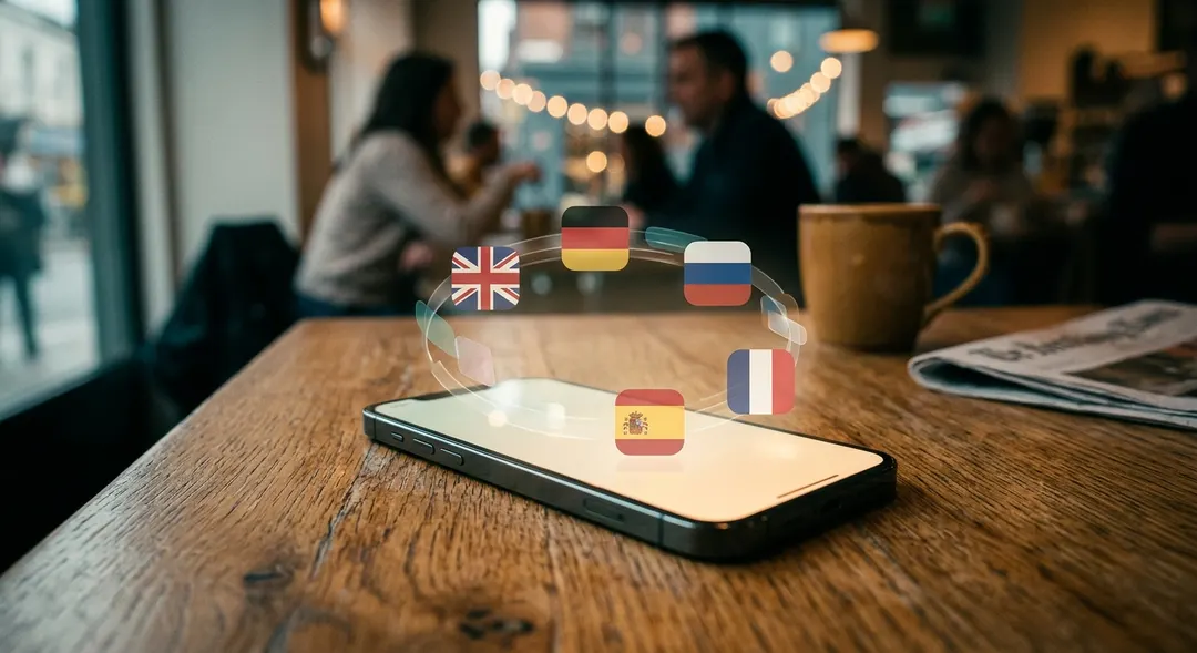 Ein modernes Telefon auf einem Holztisch mit abstrakten Sprachflaggen-Symbolen, die um seinen Bildschirm schweben