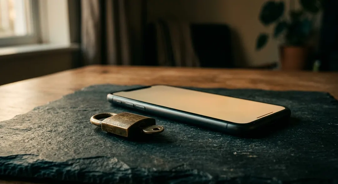 Ein Smartphone auf einer dunklen Steinoberfläche mit einem kleinen antiken Messingvorhängeschloss davor, weiches Einzellichtquellen-Licht