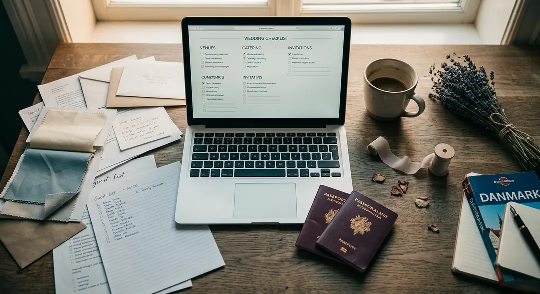 Eine detaillierte Hochzeitsplanungs-Arbeitsfläche von oben mit Reisepässen, einer personalisierten Checkliste auf einem Laptop und getrocknetem Lavendel