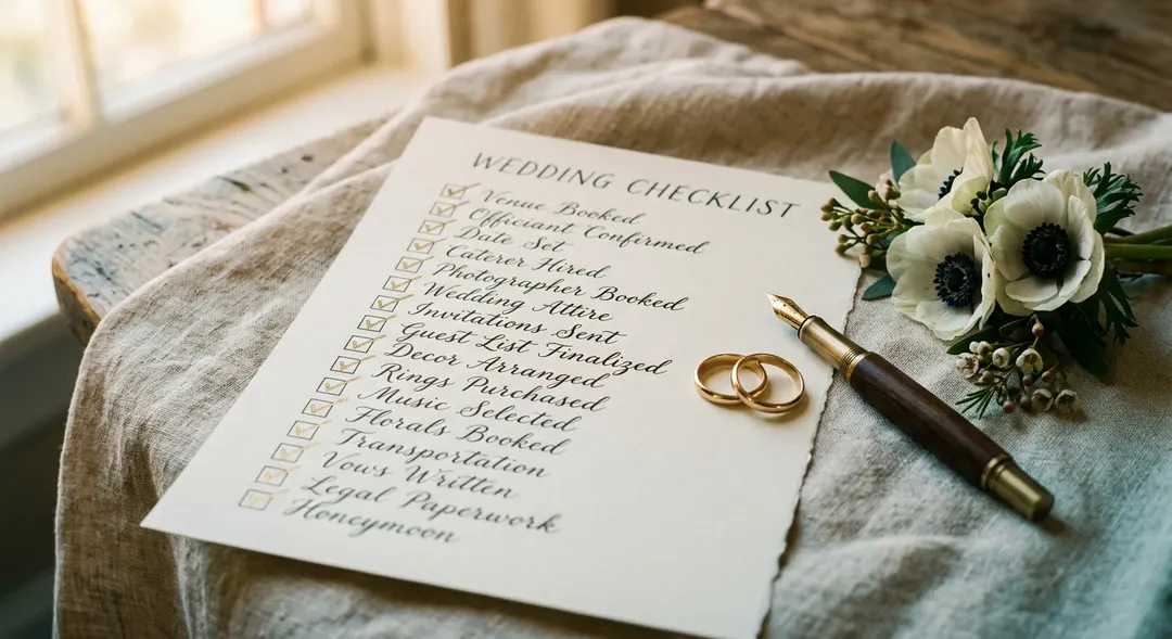 Eine vollständig ausgefüllte Papier-Hochzeitsplanungs-Checkliste mit jedem Punkt in goldener Tinte abgehakt, neben zwei goldenen Ringen