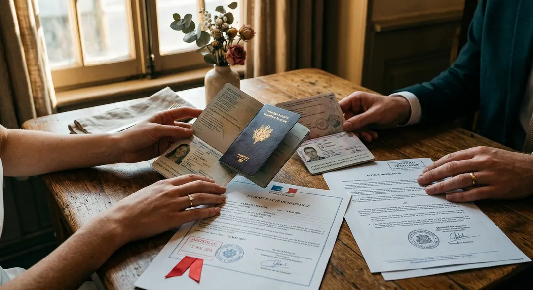 Пара изучает свадебные документы — паспорт, штамп апостиля, официальный перевод — на деревянном столе