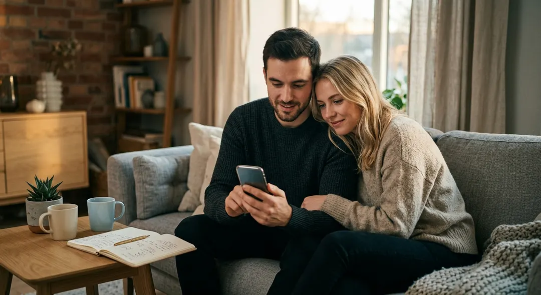 Ein junges Paar plant gemeinsam seine Hochzeit auf einem Smartphone in einem skandinavischen Wohnzimmer