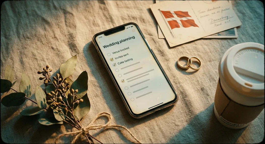 Ein Smartphone auf einem Leinentisch zeigt eine personalisierte Hochzeits-Checkliste mit mehreren abgehakten Punkten